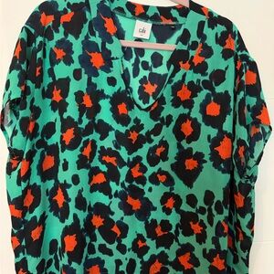 CAbi Green Boxy Blouse with Orange & Black Animal Print; Fits like a Large